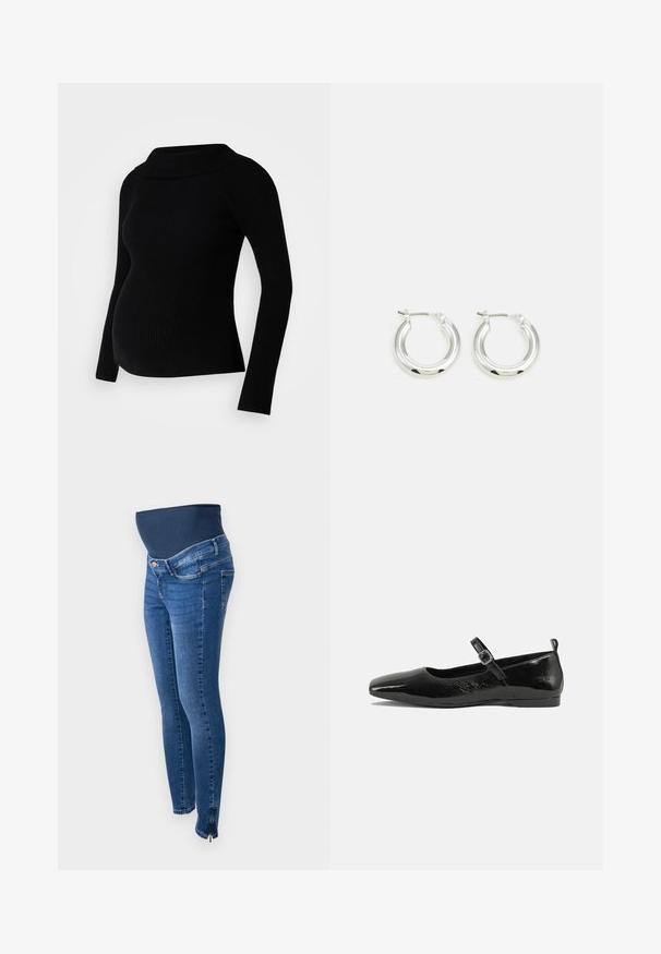 Sort ribbet graviditetstrøje med lange ærmer, bredt foldet halsudskæring og tætsiddende silhuet, designet til komfort og stil under graviditeten.; Graviditetsjeans i mørkeblå denim. Slim fit med et strækbart, støttende mavebånd. Har sidelommer med lynlås ved anklen.; Sorte patentlæder flade sko med spidse tæer, en ankelrem med spænde og en glat, blank tekstur. Lav hæl for komfort.; Sølv hoop-øreringe med en poleret finish, der har en cirkulær form og en hængslet lukning. Glat tekstur med minimal detaljering.