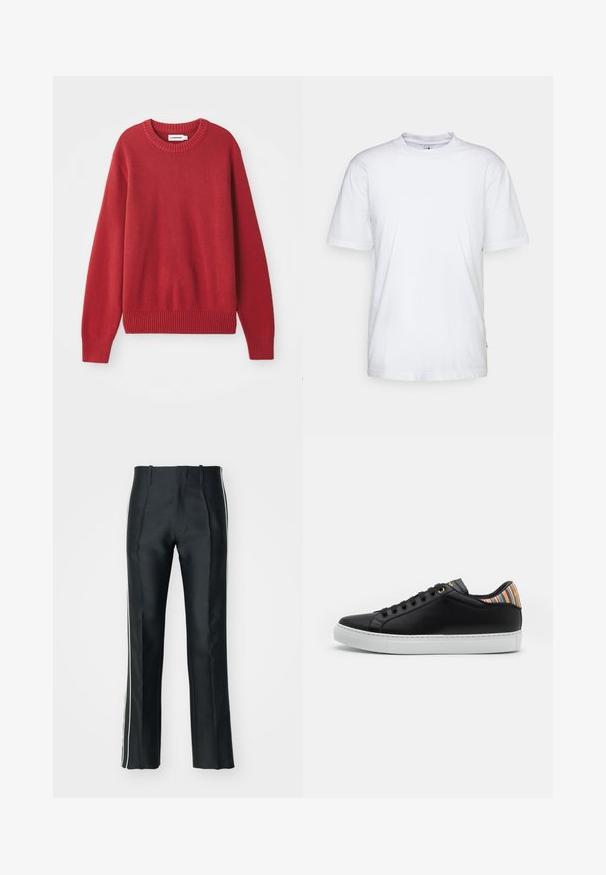 Suéter de punto rojo con cuello redondo, puños y dobladillo acanalados, que presenta un patrón grueso y texturizado en toda la prenda.; Camiseta de algodón blanca con cuello redondo, mangas cortas y dobladillo recto. Cuenta con una pequeña etiqueta de la marca en la costura lateral izquierda.; Pantalones de satén negros con corte ajustado, que presentan franjas laterales blancas. Diseñados con una pierna acampanada y pliegues frontales para un detalle adicional.; Zapatilla de cuero negra con suela de goma blanca, que presenta un acento a rayas multicolor en el talón y cordones negros con ojales dorados.