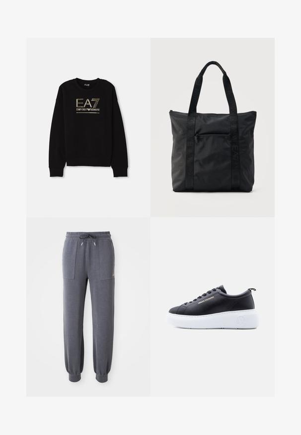 Mustapaita, jossa on näyttävä kultainen metallinen logo "EA7 Emporio Armani" etupuolella, sekä ribbireunat hihoissa ja helmassa.; Harmaat joogapuvut, jotka on valmistettu pehmeästä kankaasta. Niissä on joustava vyötärö, jossa on nyöri, kaksi etutaskua ja kapenevat hihnat nilkoissa.; Musta matala tennari, jossa valkoinen korokepohja, Armani Exchange -logo sivulla ja pohjassa, mustat nauhat ja vetokahva kantapäässä.; Musta nailoninen olkalaukku, jossa on kaksi pitkää olkahihnaa ja etupuolella vetoketjullinen tasku, yksivärinen tausta.