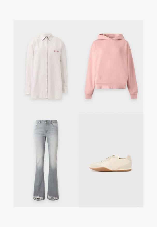 Blød lyserød pullover hoodie med lange ærmer, uden forlomme, med ribbet manchetter og kant, lagt fladt på en lys grå baggrund.; Lyslangærmet beige og hvid stribet skjorte med knapper og brystlomme broderet med rødt "fiorucci" logo.; Grå udvidede jeans med et falmet design, der har frynset nederste kant og en klassisk fem-lomme stil. Lavet af denim med en blød tekstur.; Lyse beige sneakers med en tekstureret læderoverdel, teksturerede sider og en gummisål. Har et slankt, strømlinet design og flade snørebånd.