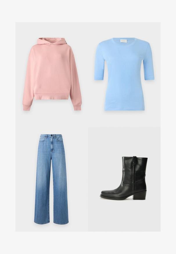 Blød lyserød pullover hoodie med lange ærmer, uden forlomme, med ribbet manchetter og kant, lagt fladt på en lys grå baggrund.; Lyseblå t-shirt med korte ærmer og rund hals, lavet af blødt stof. Har en figursyet silhuet og glat tekstur.; Lyseblå brede jeans lavet af denim, med høj talje, bælte loops, forlommer og kontraststikninger.; Sort læder ankelstøvle med rundt tå, blokhæl, lynlås i siden og stikninger på vampsiden. Glat tekstur, klassisk design.