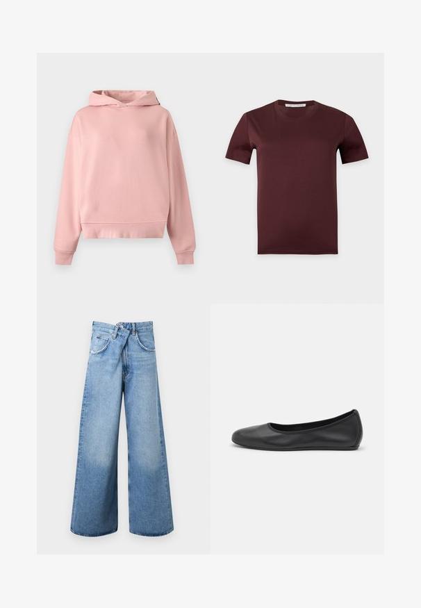 Sweat à capuche rose doux à manches longues, sans poche avant, avec poignets et ourlet côtelés, posé à plat sur un fond gris clair.; T-shirt uni marron foncé à manches courtes et col rond avec une étiquette "Tiger of Sweden" à l’intérieur du col sur un fond gris clair.; Jean en denim bleu clair à jambes larges, taille haute, fermeture par boutons, et conception à cinq poches, présenté à plat sur un fond blanc.; Ballerines en cuir noir avec un bout rond, texture lisse, détails de couture minimalistes et design de semelle flexible.