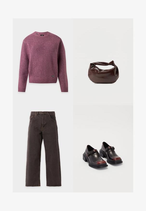 Paars gebreide trui met lange mouwen, geribde boorden en zoom, ronde hals en klein zwart labeltje nabij de onderzoom.; Donkerbruine straight-leg denim jeans met voorzakken en knoopsluiting, tentoongesteld tegen een effen witte achtergrond.; Leren blokhak schoenen met een glanzende donkerburgundy afwerking, voorzien van een gespstrap en een rond neusstuk. Getextureerde zool voor grip.; Donkerbruine leren schoudertas met een zachte, slungelige vorm en een gedraaide knoopvormige handgreep op een effen witte achtergrond.