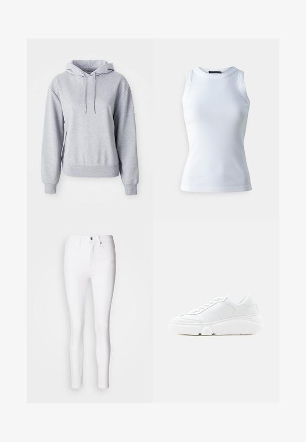 Grauer Kapuzenpullover aus weichem Baumwollmix mit Kängurutasche, Zugbandkapuze, gerippten Bündchen und Saum, mit dezenten Logodetails.; Weißes ärmelloses Oberteil aus geripptem Stoff, mit rundem Halsausschnitt und figurbetonter Silhouette. Glatte Textur, keine sichtbaren Muster oder Akzente.; Weiße Denim-Skinny-Jeans mit hoher Taille, ausgestattet mit einem Frontknopf und Reißverschluss sowie fünf Taschen. Glatte Textur, figurbetontes Design.; Weißer Sneaker mit niedrigem Schnitt, dicker Sohle, Schnürung vorne und glattem Lederobermaterial, seitlich vor weißem Hintergrund dargestellt.