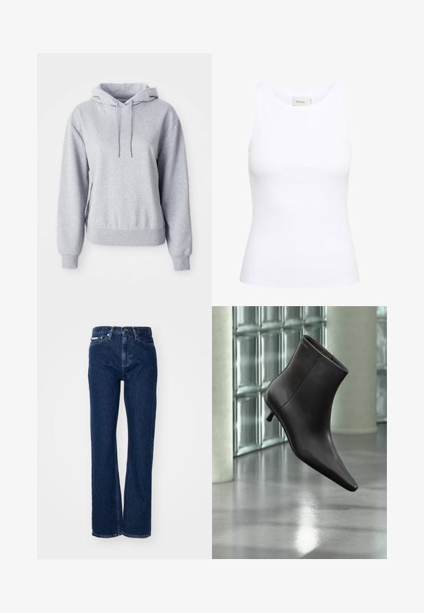 Sudadera gris hecha de una suave mezcla de algodón, con un bolsillo tipo canguro, capucha con cordón, puños y dobladillo acanalados, que presenta un discreto detalle del logo.; Top sin mangas de canalé blanco con escote redondo. Tejido elástico y diseño ajustado. La etiqueta en la parte posterior dice "GESTUZ."; Vaqueros de mezclilla azul oscuro con piernas rectas, cierre de botón y cinco bolsillos. La tela tiene una ligera textura con sutiles detalles en la costura.; Bota de cuero negro para el tobillo con puntera puntiaguda y tacón pequeño, exhibida frente a una pared de bloques de vidrio y un suelo pulido.