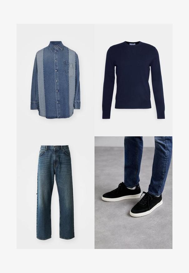 Pull à col rond bleu marine en tissu doux, avec des manches longues et un ourlet côtelé. Pas de motifs ni d'ornements visibles.; Chemise en denim avec un design bicolore comportant des sections bleu foncé et bleu clair, avec un devant à boutons, un col et une poche poitrine.; NN.07 OTIS - Jean droit - stonewashed; Des baskets en suède noir avec une semelle en caoutchouc blanc, présentant un design classique à talon bas, un bout rond et des lacets plats noirs.