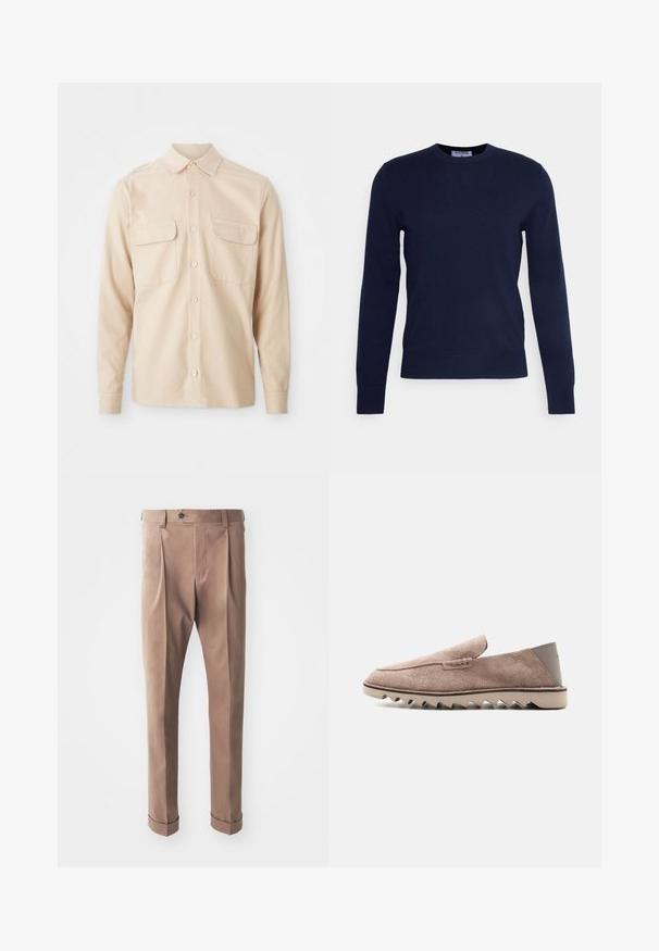 Mørkeblå crew-neck sweater lavet af blødt stof, med lange ærmer og ribbet kant. Ingen synlige mønstre eller dekorationer.; Beige langærmet skjorte lavet af vævet stof, med to brystlommer, en spids krave og knaplukning foran. Glat tekstur.; Khaki bukser lavet af struktureret stof, med høj talje, lynlås, og optrukne manchetter, samt en enkelt knaplukning i taljen.; Lysebrun ruskind loafer med zigzag gummisål og glat hælpatch, sidevisning på en ensfarvet hvid baggrund.