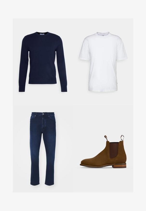 Dunkelblauer Rundhalsausschnitt-Pullover aus weichem Material, mit langen Ärmeln und geripptem Saum. Keine sichtbaren Muster oder Verzierungen.; Weißes Baumwoll-T-Shirt mit Rundhalsausschnitt, kurzen Ärmeln und geradem Saum. Auf der linken Seitennaht befindet sich ein kleines Markenzeichen.; Dunkelblaue Denim-Jeans mit mittelhohem Bund, geradem Bein, fünf Taschen und klassischem Metallknopfverschluss.; Brauner Chelsea-Stiefel aus Wildleder mit elastischen Seitenpaneelen, Zuglaschen vorne und hinten und einem gestapelten Holzabsatz.