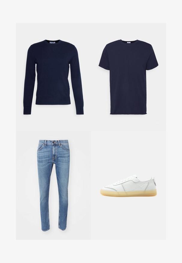 Pull à col rond bleu marine en tissu doux, avec des manches longues et un ourlet côtelé. Pas de motifs ni d'ornements visibles.; T-shirt bleu marine à manches courtes fabriqué en tissu doux. Présente un col rond et une coupe droite sans motifs ni accents.; Jean en denim bleu avec une coupe slim, design à cinq poches et détails de délavage subtil. Comprend une fermeture à bouton et des coutures contrastées.; Baskets basses en cuir blanc avec semelle beige translucide, lacets à l’avant et détails de couture minimalistes, vues de côté sur un fond uni.