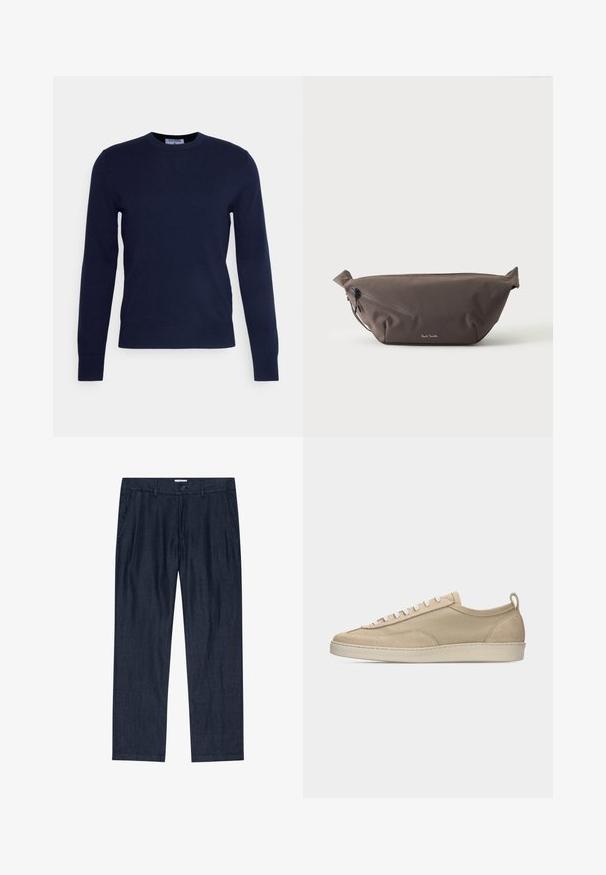 Mørkeblå crew-neck sweater lavet af blødt stof, med lange ærmer og ribbet kant. Ingen synlige mønstre eller dekorationer.; Mørkeblå, lige ben bukser med forlommer, bæltestropper og knaplukning ved taljen.; Beige lavtop sneakers med overdel i stof og ruskind, hvide snørebånd, gummisål og hælstrækkehank, vist i sideprofil på hvid baggrund.; Mørkebrun stof talje taske med diagonalt lynlåslomme og lille hvidt logo på fronten, sat mod en ensfarvet lys baggrund.