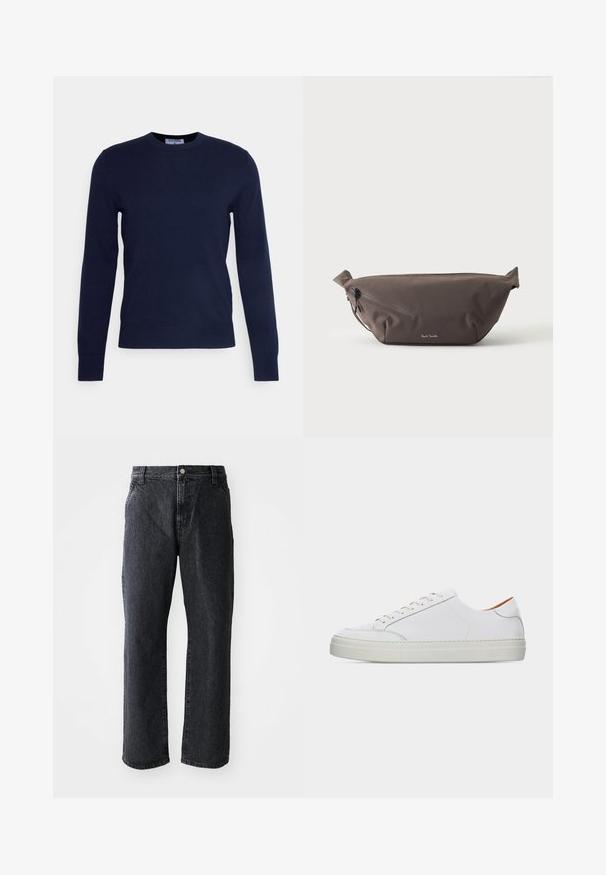 Marineblauwe ronde hals trui van zachte stof, met lange mouwen en een geribbelde zoom. Geen zichtbare patronen of versieringen.; Zwarte denim jeans met een rechte pijp, voorzien van een knoopsluiting, vijf zakken en een subtiele textuur. Klassiek ontwerp zonder opvallende patronen.; Witte lage leren sneaker met vetersluiting, dikke zool en minimale stiksel details tegen een effen lichte achtergrond.; Donkerbruine stoffen heuptas met diagonale ritssluiting en klein wit logo aan de voorkant, tegen een effen lichte achtergrond.