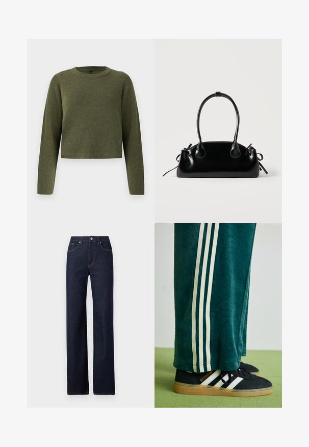 Suéter verde corto con mangas largas, hecho de tela de punto texturizada. Presenta un escote redondo y un diseño minimalista.; Vaqueros de mezclilla azul marino con un diseño de pierna recta, estilo clásico de cinco bolsillos, costuras visibles y cierre frontal con botón.; Pantalones verdes texturizados con franjas laterales blancas, combinados con zapatillas Adidas negras que presentan tres franjas blancas y una suela de goma.; Pequeño bolso negro brillante con dos asas largas y detalles de cordón lateral sobre un fondo claro liso.
