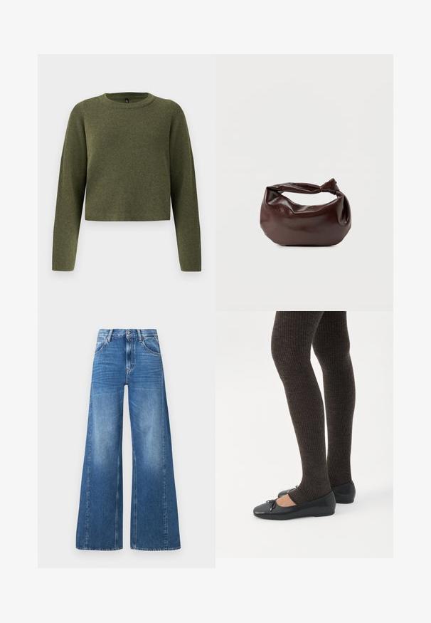 Grøn kortærmet sweater med lange ærmer, lavet af tekstureret strikstof. Har en rund halsudskæring og minimalistisk design.; Bredde ben blå denim jeans med høj talje, der har forlommer og et falmet udseende, lavet af bomuld med en glat tekstur.; Ben iført mørke ribbede leggings kombineret med sorte balletsko med små sløjfedetaljer på hvid baggrund.; Mørkebrun læder skuldertaske med en blød, afslappet form og et snoet knudehåndtag på en ensartet hvid baggrund.