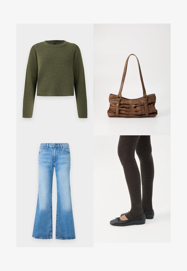 Pull vert court avec des manches longues, en tissu tricoté texturé. Présente un col rond et un design minimaliste.; Jean évasé bleu clair à taille haute, en denim. Comprend deux poches avant et des accents en métal sur les boutons. Texture délavée sur le tissu.; Jambes portant des leggings côtelés foncés associés à des ballerines noires avec de petits détails en nœud sur fond blanc.; Even&Odd by Zalando Sac à main - brown