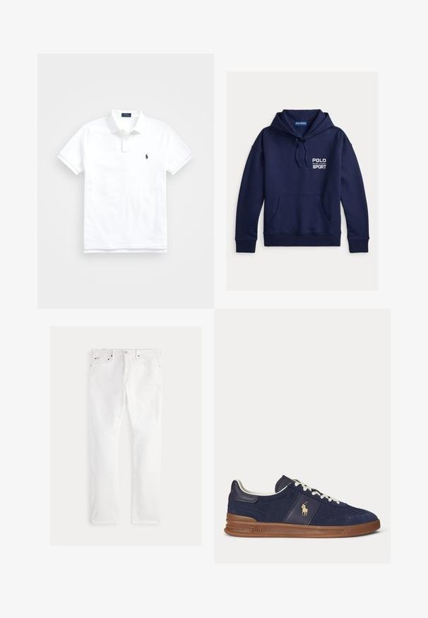 Sweat-shirt à capuche bleu marine en tissu doux, avec une poche avant, des poignets côtelés et le logo "POLO SPORT" en blanc.; Polo blanc à manches courtes avec col, deux boutons et petit logo brodé bleu marine sur la poitrine gauche.; Jean en denim blanc à coupe droite, doté de cinq poches, de garnitures en cuivre et de détails de couture subtils. Texture lisse avec une finition soignée.; Baskets basses bleu marine avec lacets blancs, semelle marron et logo joueur de polo sur le côté, vue de gauche.