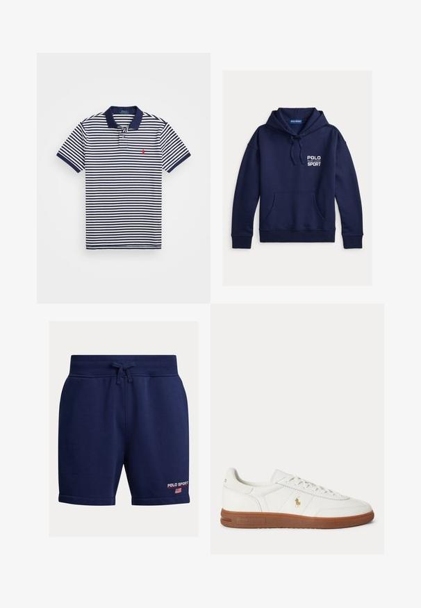 Tmavomodrá mikina s kapucňou z mäkkej látky, so predným vreckom, rebrovanými manžetami a bielym logom "POLO SPORT".; Polo tričko s námořnickými a bílými pruhy a jednobarevným námořnickým límcem. Obsahuje malé červené logo na hrudi a krátké rukávy se pruhovanými manžetami.; Tmavomodré šortky s elastickým pásom a sťahovacou šnúrkou. Na dolnej časti nohavice je vyšívané logo "POLO SPORT" v červenej a bielej farbe.; Biele nízke tenisky s hnedou podrážkou, šnurovaním vpredu a malým zlatým logom Polo Ralph Lauren na boku.