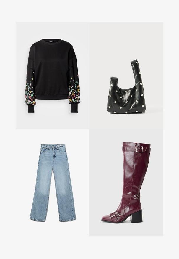 Sort sweatshirt med lange, puffede ærmer med farverig blomstret broderi på begge ærmer; lavet af blødt, behageligt stof.; Lyseblå højtaljede jeans med vide ben, knap- og lynlås-lukning, for- og baglommer samt bæltestropper.; Burgundy læderknæhøje støvler med spidse tæer, sølvspænder og blokhæl. Har en glat, skinnende overflade.; Sort lædertaske med en blød tekstur, der har runde top-håndtag og metallisk perleaccent på overfladen. Kompakt, struktureret form.