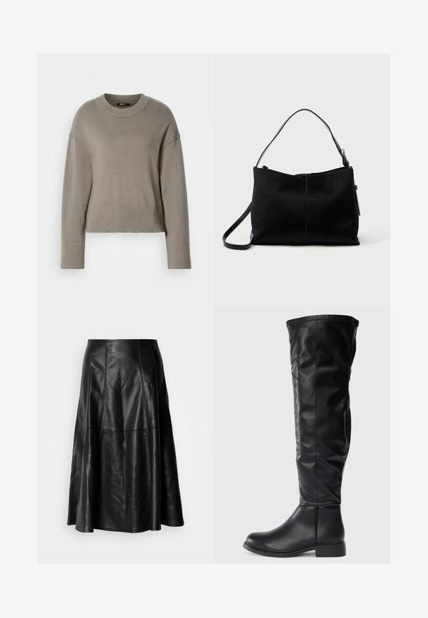 Lys grå cropped sweater med rund halsudskæring, dropskuldere og ribbede manchetter og kant. Blød tekstur, enkelt design.; Sort lædernederdel med en flagrende silhuet, der har synlige sømme og en glat tekstur. Mellemlang design med en klassisk snit.; Sorte knæhøje støvler lavet af glat læder, med rund tå, lav blokhæl og en let skråning på skaftet med syninger.; Sort skuldertaske med en glat, tekstureret overflade, prydet med en enkelt rem og en lynlåslukning øverst. Kompakt rektangulær form.
