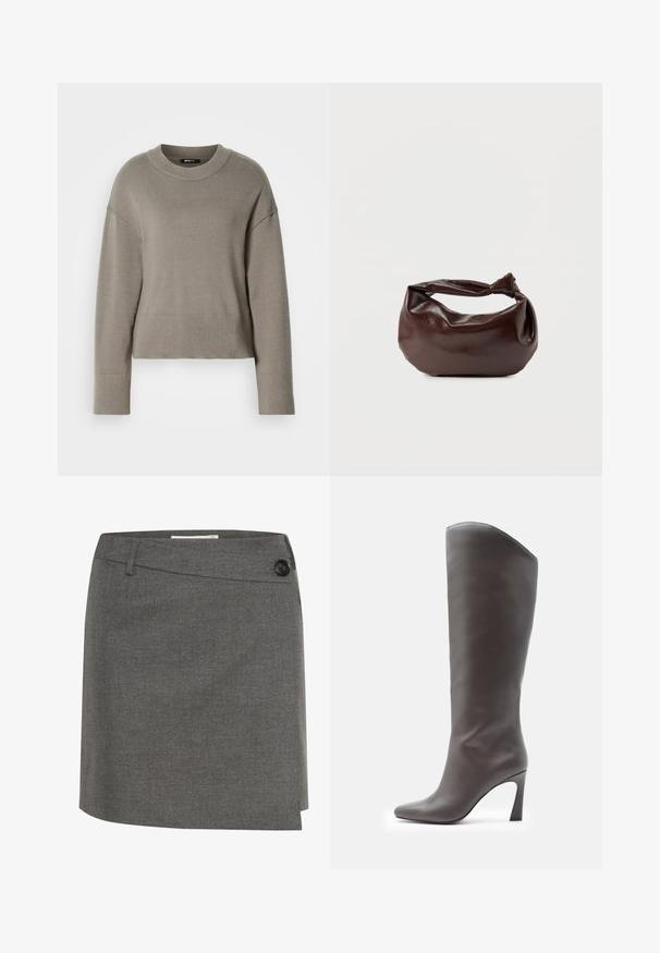 Lys grå cropped sweater med rund halsudskæring, dropskuldere og ribbede manchetter og kant. Blød tekstur, enkelt design.; Grå nederdel lavet af et tekstureret stof, med en knap i siden og en lige silhuet med et let indviklet design.; Høj, mørkebrun læderstøvle til kvinder med spids tå og høj, buet blokhæl, vist i profil mod hvid baggrund.; Mørkebrun læder skuldertaske med en blød, afslappet form og et snoet knudehåndtag på en ensartet hvid baggrund.