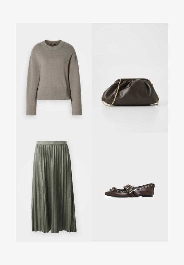 Heled hall sweatshirt, mille lõhenemisega ümmargune kaelus, langenud õlad ning soonikvarrukad ja -ääred. Pehme tekstuur, lihtne disain.; Pleated midi seelik hallikas roheline, valmistatud läikivast kangast. Omab elastset vööd ja ulatub keskmise sääreni, ühtlaste vertikaalsete voldikutega.; Tumepruun nahast tasapinnaline king terava ninaosaga, topelt hõbedaste pandlatega rihmade, metallist silmade ja esiküljel dekoratiivse lipsuga.; Pruun nahast käekott, millel on kogutud disain, kullatud ahelriba ja pehme, tekstuuriga viimistlus. Kompaktne kuju sobib õhtuseks kasutamiseks.