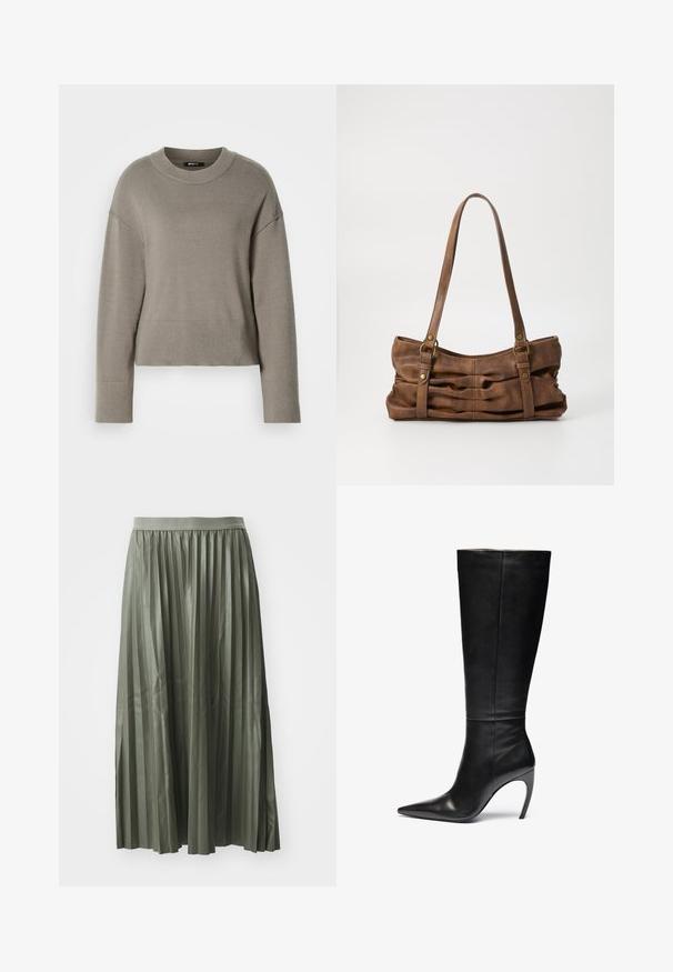 Lys grå cropped sweater med rund halsudskæring, dropskuldere og ribbede manchetter og kant. Blød tekstur, enkelt design.; Plisseret midi-nederdel i dæmpet grøn, lavet af glat stof. Har en elastisk talje og falder til midt på læggen med jævnt fordelte lodrette plisseringer.; Sorte læder knæhøje støvler med spids tå og høj stilettohæl; slank, glat tekstur med subtile sømme og ingen synlig hardware.; Even&Odd by Zalando Håndtasker - brown