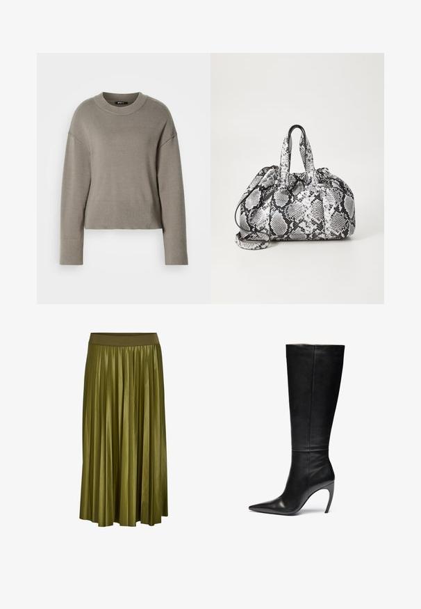 Suéter corto gris claro con cuello redondo, hombros caídos y puños y dobladillo acanalados. Textura suave, diseño simple.; Falda midi plisada verde caqui con cintura elástica ancha y textura de tela suave.; Bota alta de cuero negro hasta la rodilla con punta afilada y alto tacón de aguja; textura elegante y suave con costuras sutiles y sin hardware visible.; Bolso de mano con patrón de piel de serpiente en blanco y negro, con dos asas, un cierre de cordón y una correa para el hombro desmontable. Textura suave.