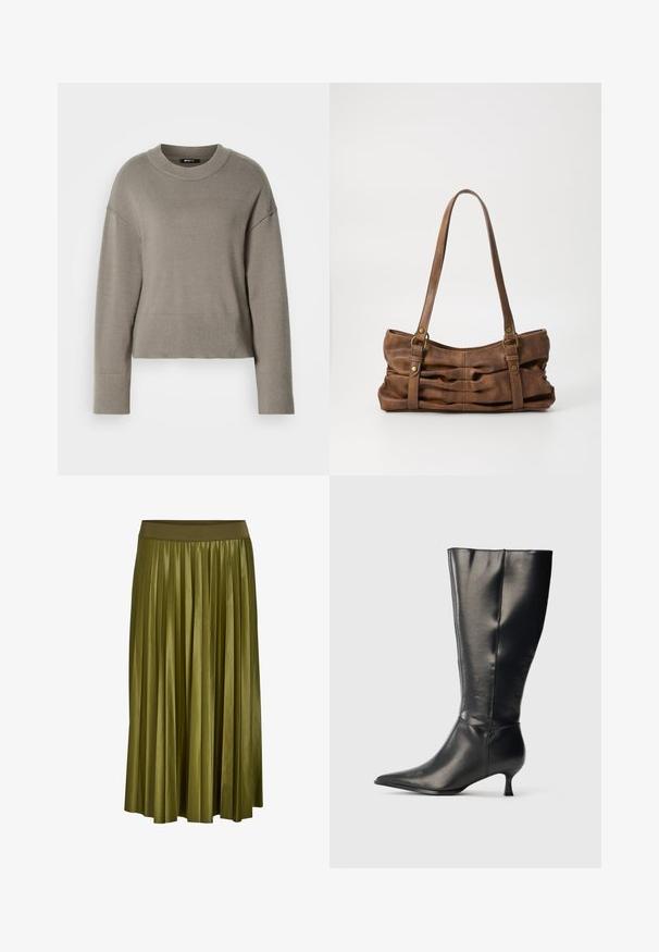 Hellgrauer, kurz geschnittener Pullover mit rundem Ausschnitt, überschnittenen Schultern und gerippten Ärmelbündchen sowie Saum. Weiche Textur, schlichtes Design.; Khaki grüner plissierter Midirock mit breitem elastischem Bund und glatter Stoffstruktur.; Schwarzer kniehoher Lederstiefel mit spitzer Zehenpartie und niedrigem Kittenabsatz, präsentiert vor einem schlichten hellen Hintergrund.; Even&Odd by Zalando Handtasche - brown