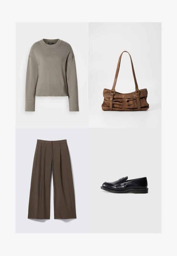Lys grå cropped sweater med rund halsudskæring, dropskuldere og ribbede manchetter og kant. Blød tekstur, enkelt design.; Brune viddebenede bukser med nålestriber, bæltestropper og forreste plisseringer, vist fladt på en lysegrå baggrund.; Sorte læder loafersandaler med en glat finish, rund tå og syet detaljering på overdelen, samt en tekstureret gummisåler for godt vejgreb.; Even&Odd Håndtasker - brown
