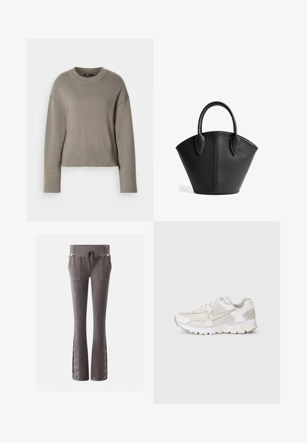 Suéter corto gris claro con cuello redondo, hombros caídos y puños y dobladillo acanalados. Textura suave, diseño simple.; Pantalones de velour gris con cintura con cordón acanalado, bolsillos frontales tipo parche y detalles con cordones abotonados en los bajos acampanados.; Zapato deportivo blanco con materiales de malla y sintéticos. Presenta un diseño texturizado, cuello acolchado y acentos geométricos en el talón.; Bolsa tote de cuero negro con forma angular, asas curvadas y detalles de costura visibles en los bordes y el diseño.