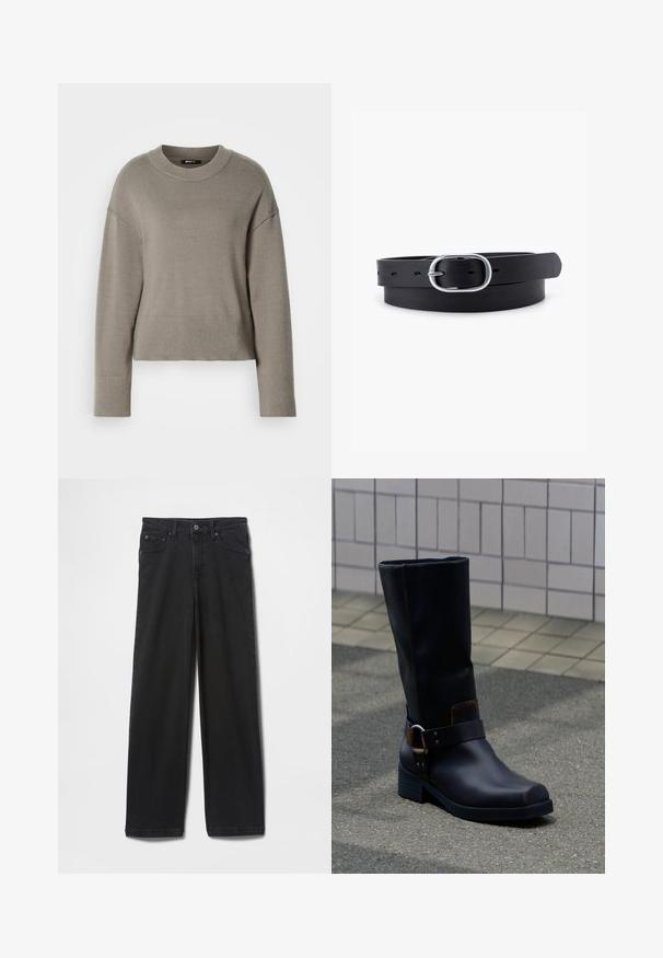 Lys grå cropped sweater med rund halsudskæring, dropskuldere og ribbede manchetter og kant. Blød tekstur, enkelt design.; Sorte denimjeans med lige ben, knap- og lynlåslukning, lommer foran og bagpå samt en glat tekstur.; Sort midt på læggen læderstøvle med lav hæl og dekorativ rem med metalspænde, stående på en grå belagt overflade nær en flisevæg.; Sort læderbælte med en glat overflade, oval sølvmetalspænde og flere justeringshuller langs stroppen. Flad, minimalistisk design.