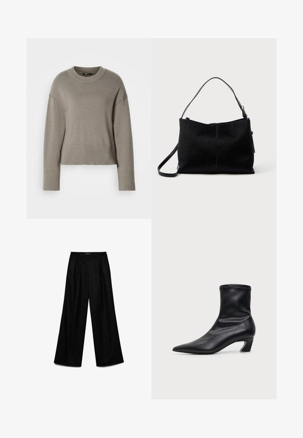 Suéter corto gris claro con cuello redondo, hombros caídos y puños y dobladillo acanalados. Textura suave, diseño simple.; Pantalones anchos negros con pliegues delanteros y bolsillos laterales, de talle alto con cinturilla lisa y cierre oculto.; Bota de cuero negra hasta media pantorrilla con punta puntiaguda y tacón bajo curvado, mostrada de lado sobre un fondo claro y liso.; Bolso negro de hombro con una superficie lisa y texturizada, con una única correa y un cierre de cremallera en la parte superior. Forma rectangular compacta.