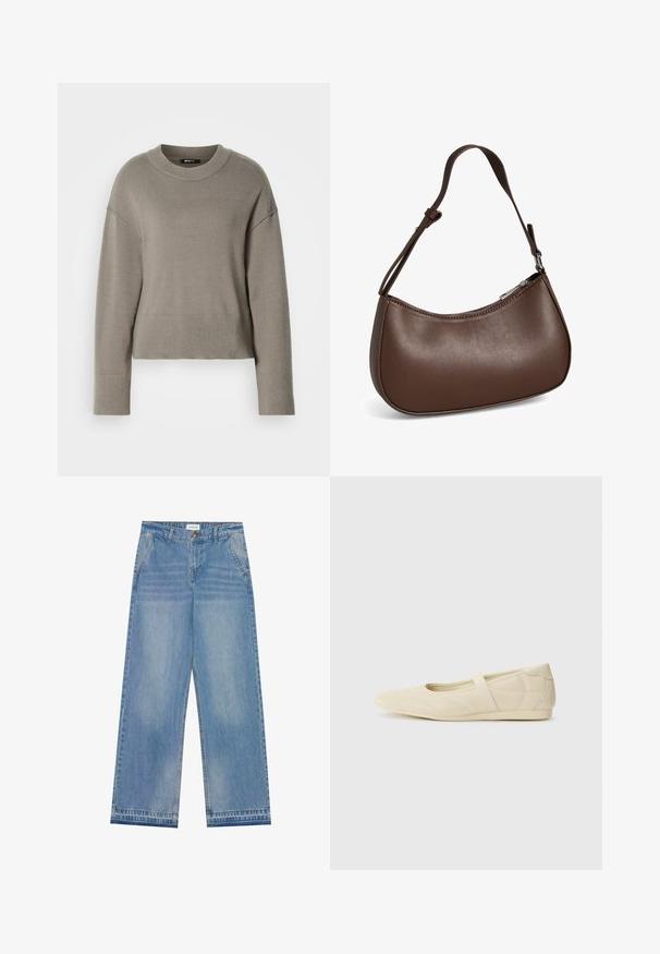 Lichtgrijs cropped sweater met een ronde halslijn, doorgeschoven schouders en ribgebreide manchetten en zoom. Zachte textuur, eenvoudig ontwerp.; Lichtblauwe hoge taille wijde jeans met een knoopsluiting, voorzakken, riemlussen en subtiele vervaagde details.; Beige ballerina's met een gladde leren buitenkant, amandelvormige punt en elastische band over de wreef, met subtiele stiksels.; Kleine bruine leren schoudertas met verstelbare band en ritssluiting, getoond tegen een witte achtergrond. Geen zichtbaar merk of versieringen.