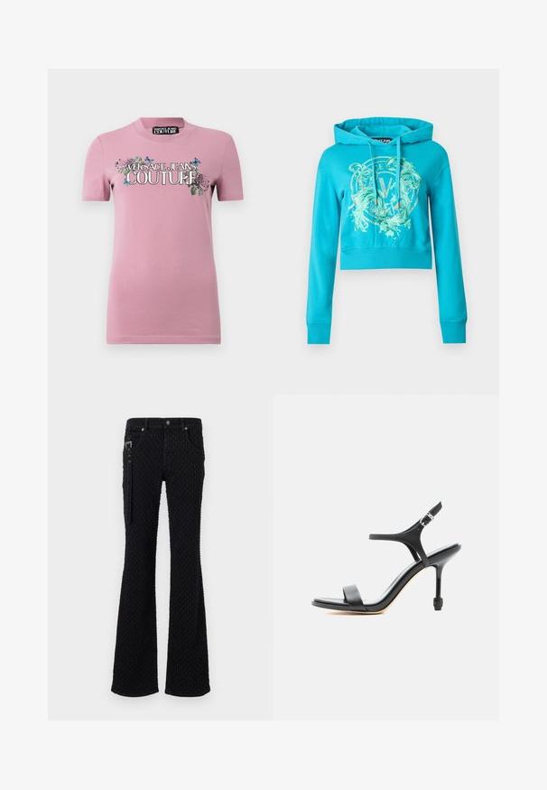Turkis cropped hoodie med lange ærmer, snører i hætten og dekorativt grafisk logo centreret på brystet.; Pink bomulds T-shirt med korte ærmer og rund hals. Frontgrafikken inkluderer blomster mønstre og "VERSACE JEANS COUTURE" i fed skrift.; Sorte flared jeans med et tekstureret stof og et subtilt mønster, sølvhardware og frontlommer. Lynlåsdetaillering på siden.; Sort læder sandal med høje hæle, tynde stropper, åben tå og justerbar ankelspænde, vist mod en ensartet hvid baggrund.