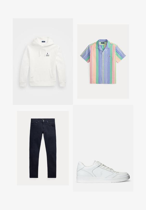 Polo Ralph Lauren LOGO FLEECE HOODIE - Mikina s kapucňou - white; Košeľa s krátkym rukávom na gombíky s viacfarebnými vertikálnymi pruhmi v modrej, zelenej, oranžovej a červenej farbe. Má vrecko a golier. Bavlnená látka.; Tmavomodré džínsy z denimu s úzkym strihom. Majú päť vreciek, zips a kovové zapínanie na gombík. Hladká textúra s minimálnym vyblednutím.; Biele kožené tenisky s hladkým povrchom, obsahujúce perforovanú špičku, šnúrkové uzatvorenie a vyšívané logo na boku. Biela gumová podrážka.