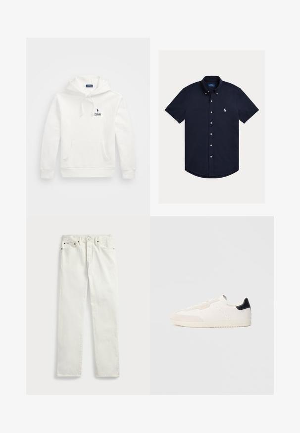 Polo Ralph Lauren LOGO FLEECE HOODIE - Mikina s kapucňou - white; Krátky rukáv, námornícka modrá košeľa na zapínanie s gombíkmi, vyrobená z bavlny; má zakrivený spodný okraj a malý biely logotyp na ľavej strane hrudníka s detailmi na gombíky.; Biele džínsové nohavice so strižením rovného strihu, s piatimi vreckami, kovovými gombíkmi a švovými akcentmi. Hladká textúra.; Biele kožené tenisky s detailmi z semišu, vybavené čiernou pätovou záložkou, šnurovaním, perforovanými detailmi a nenápadným logom na boku.