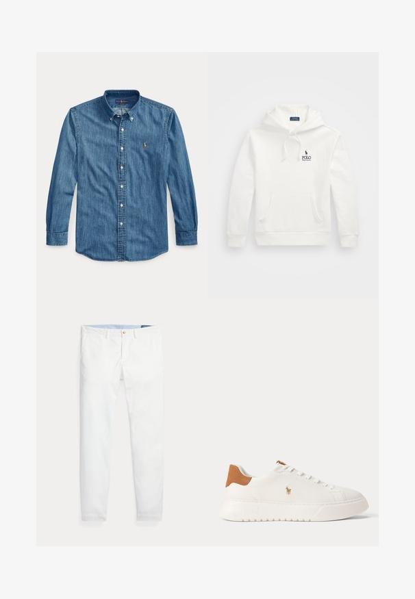 Polo Ralph Lauren LOGO FLEECE HOODIE - Mikina s kapucňou - white; Modrá rifľová košeľa s dlhým rukávom, golierom a malým vyšívaným logom na ľavej strane hrudníka vedľa gombíkov.; Biele bavlnené chino nohavice s úzkym strihom, so zlatým jedným gombíkom na zapínanie a svetlomodrým vnútorným pásom. Hladká textúra bez vzorov.; Biely nízky teniska s béžovou pätovou záložkou, bielymi šnúrkami a malým vyšívaným logom hráča póla na boku nad tlustou podrážkou.