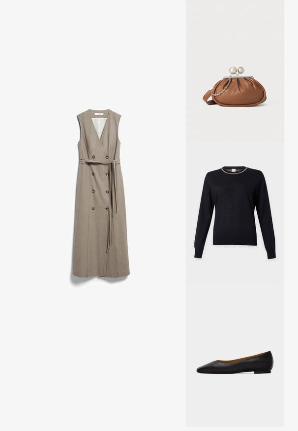 Pull noir à manches longues avec col rond et une fine bande multicolore autour du col, présenté sur un fond uni.; Robe midi beige sans manches avec col en V, boutons double boutonnage et ceinture assortie en tissu nouée à la taille.; Chaussure plate en cuir noir à bout pointu avec talon bas et finition lisse, vue de côté sur un fond gris clair.; Pochette en cuir marron avec un fermoir à boule en argent et un petit détail en chaîne argentée sur fond blanc.