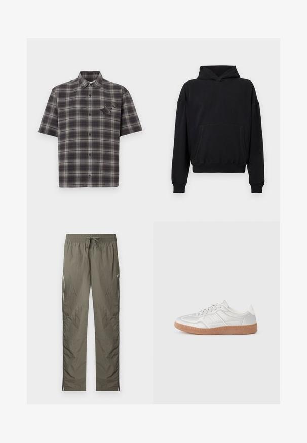 Sweatshirt à capuche noire, avec une poche kangourou à l'avant, des poignets et un ourlet côtelés, avec une coupe décontractée et une texture douce.; Chemise à manches courtes à carreaux bleu foncé et gris. Dotée d'une fermeture à boutons sur le devant, d'un col pointu, et d'un accent en forme d'étoile texturée sur la poitrine.; Pantalon de sport léger vert olive avec taille élastique, cordon de serrage, bandes blanches sur les côtés et petit logo papillon sur la cuisse droite.; Baskets argentées avec une texture lisse, un design à lacets, des accents perforés et une semelle en caoutchouc marron texturé.