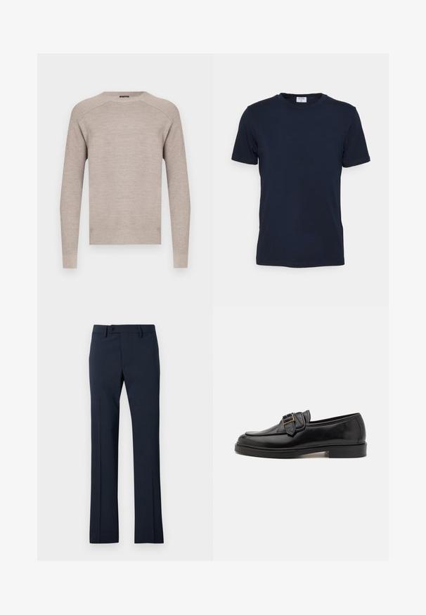 Beige strikket sweater med rund halsudskæring, lange ærmer og ribstrikkede manchetter og kant. Glat tekstur med et subtilt, ensartet mønster.; Marineblå crew-neck t-shirt lavet af blødt stof. Korte ærmer med en klassisk pasform, der har et mærke ved halsen. Glat tekstur, minimalistisk design.; Mørkeblå bukser lavet af glat stof, med et lige ben design, en knaplukning og detaljer med frynser foran.; Sorte læder loafers med rund tå og en dekorativ spændeaccent. Flad, solid hæl og glat tekstur hele vejen igennem.