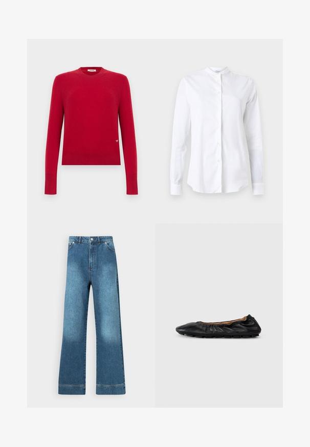 Rød langærmet sweater med rund hals, ribkanter ved manchetter og kant, med en lille trekantet logo nær nederste højre side.; Hvid skjorte med lange ærmer og mandarinkrave, lavet af glat stof, med knapper foran og skræddersyet pasform. Ingen mønstre eller detaljer.; Blå denim vidt ben bukser med høj talje, som har forlommer, en knaplukning og let falmning på lårene.; Sort læder balletflade med samlet detaljering ved kraven, rund tå og fleksibel gummisål. Glat tekstur hele vejen igennem.