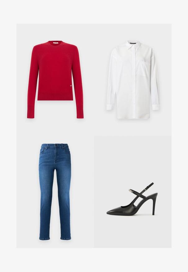 Suéter rojo de manga larga con cuello redondo, puños y dobladillo acanalados, con un pequeño logo triangular cerca de la parte inferior derecha.; Camisa blanca abotonada con cuello, mangas largas y un solo bolsillo en el pecho. Hecha de tela suave con un diseño liso.; Vaqueros de mezclilla azul con corte recto, que cuentan con una bragueta de botón y cremallera, bolsillos delanteros y un ligero desgaste en los muslos.; Tacones altos slingback de cuero negro con punta afilada, diseño con recortes y correa ajustable con herrajes metálicos.