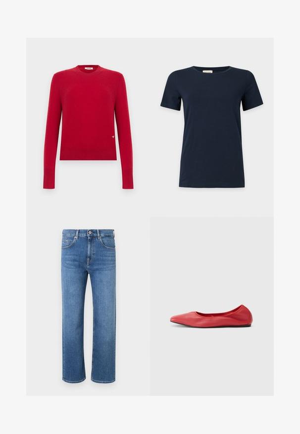Pull rouge à manches longues avec col rond, bordures côtelées aux poignets et à l'ourlet, doté d'un petit logo triangulaire près du bas sur le côté droit.; T-shirt bleu marine uni à manches courtes avec un col rond sur fond gris clair.; Jean en denim bleu à jambe droite avec un design classique à cinq poches et une fermeture à bouton, présenté sur un fond blanc.; Filippa K REY FLATS - Ballerines - bright red