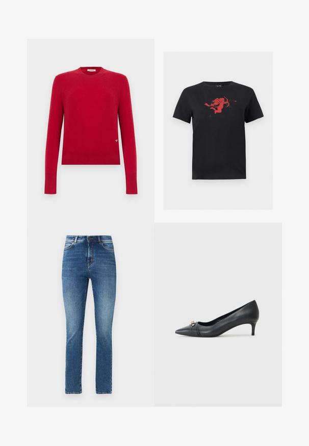 Pull rouge à manches longues avec col rond, bordures côtelées aux poignets et à l'ourlet, doté d'un petit logo triangulaire près du bas sur le côté droit.; T-shirt noir à manches courtes avec un graphisme rouge d'un cupidon tenant un arc et une flèche, centré sur la poitrine.; Jean bleu taille haute à coupe slim avec poches avant, passants pour ceinture, fermeture par bouton, et légère décoloration sur les cuisses et les genoux.; Escarpin noir en cuir à bout pointu avec un petit talon, doté d'une sangle texturée et d'un accent métallique à l'avant. Surface lisse et design épuré.