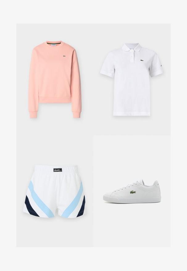 Lyserød langærmet sweatshirt med rund hals, ribbede manchetter og kant, med en lille grøn Lacoste krokodillelogo på brystet.; Hvid polo-shirt med korte ærmer med to knapper, en lille grøn krokodille-logo på venstre bryst og et diskret sort logo på venstre ærme.; Hvide atletikshorts med elastisk taljebånd, der har lyseblå og marineblå diagonale striber samt et sort Lacoste-logo patch midt på ryggen.; Hvide lædersneakers med rund tå, snøre-design, grøn broderet krokodille-logo og struktureret gummisål.