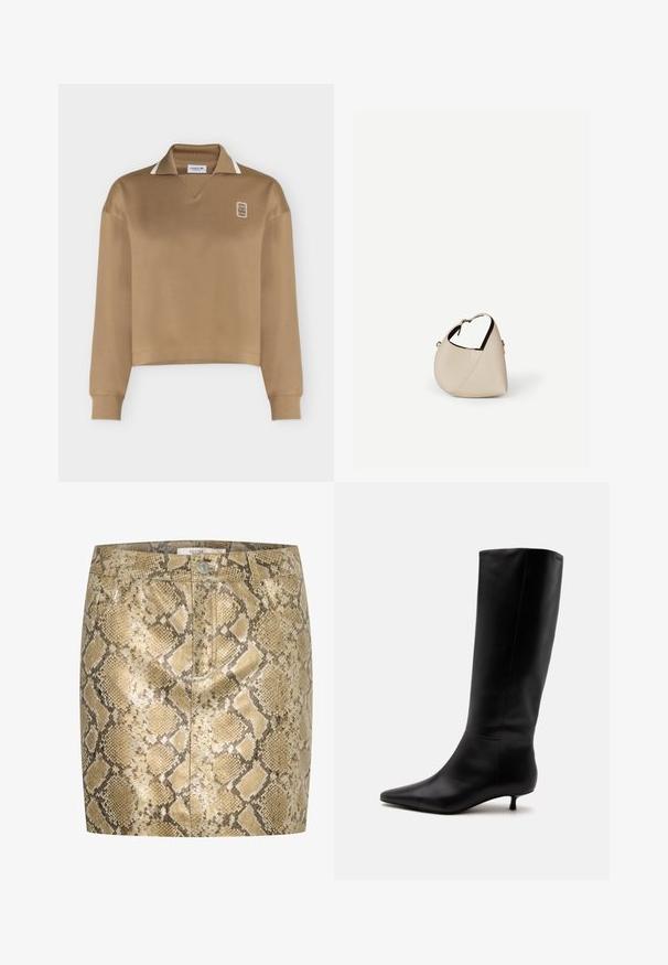 Beige langærmet poloshirt med ribstrikkede ærmekanter, hvid krave og lille broderet logo på venstre bryst.; Slangeprint mini nederdel med metallisk glans i nuancer af guld og beige. Har knaplukning og for- og baglommer. Tekstureret overflade.; Sort læder knæhøj støvle med spids snude og lav kittenhæl mod en ensfarvet lys baggrund.; Beige læder håndtaske i halvmåneform med en enkelt skulderrem og minimal syning, sat mod en ensartet hvid baggrund.