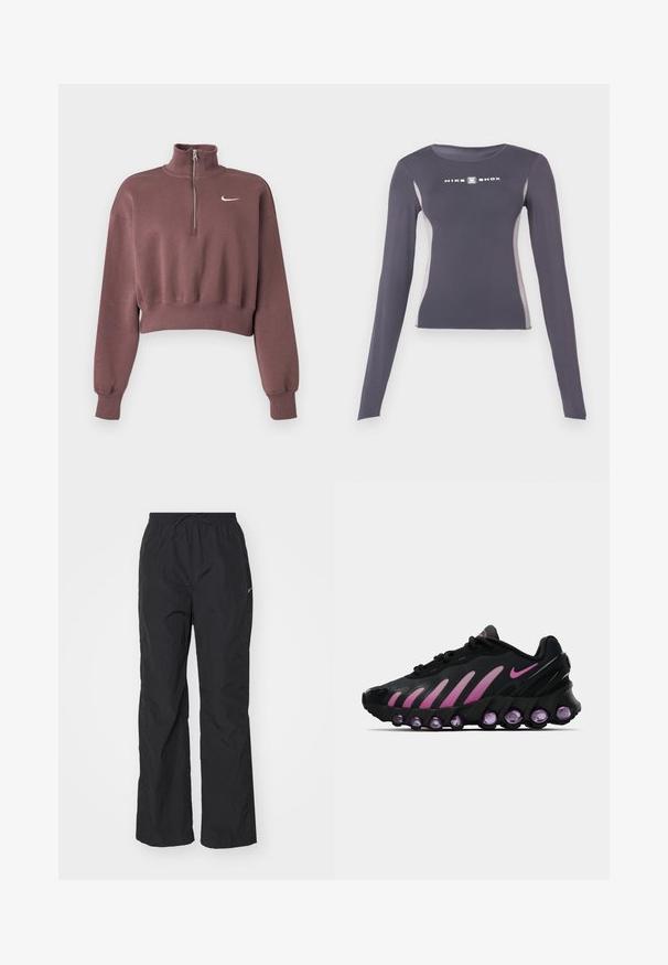 Sudadera corta malva con mangas largas, puños acanalados, cuello con cremallera hasta un cuarto y logotipo blanco de Nike swoosh en el pecho.; Camiseta deportiva ajustada de manga larga color gris oscuro con paneles laterales gris claro y logo "Nike Shox" en blanco en el pecho.; Pantalones negros ligeros con cintura elástica y cordón. Presentan un acabado texturizado y un pequeño logo reflectante en el costado.; Zapatillas Nike negras y rosas con parte superior de malla, diseño curvado y amortiguación morada redondeada en la suela y los laterales.