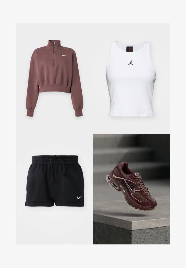 Fialovoružová krátka mikina s dlhými rukávmi, rebrovanými manžetami, štvrťovým zipsom na golieri a bielym logom Nike Swoosh na hrudi.; Biely crop tank top vyrobený z bavlny s rebrovanou textúrou. Obsahuje čierne logo Jordan v strede a klasický okrúhly výstrih.; Čierne športové šortky vyrobené z mäkkej tkaniny, s elastickým pásom so šnúrkou, bočnými rozparkom a malým bielym logom na leme.; Nákupná obuv Nike v marónovej farbe s plátnovou sieťovinou, polstrovaným golierom, hrubou podrážkou a bielymi akcentmi. Dizajn obsahuje zaoblenú špičku a výrazné šnúrky.