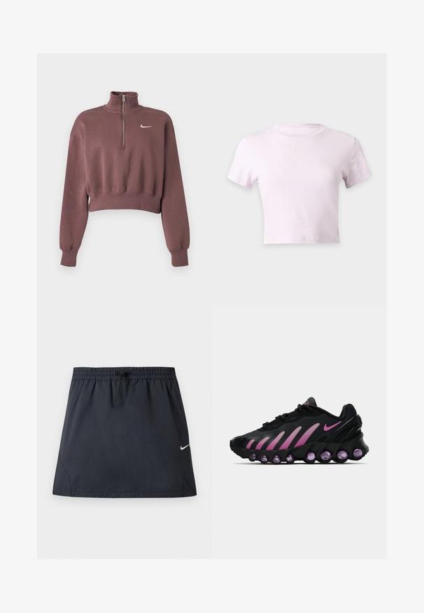 Mauve cropped sweatshirt med lange ærmer, ribstrikkede manchetter, kvart lynlåskrave og hvid Nike swoosh-logo på brystet.; Lyserød kort Nike t-shirt med korte ærmer og lille hvid Nike swoosh-logo centreret under halsudskæringen.; Sort atletisk nederdel med elastisk taljebånd og justerbar snøre, med en lille hvid Nike swoosh-logo på højre side.; Sorte og lyserøde Nike sneakers med en mesh-overdel, buet design og rund lilla dæmpning i sålen og på siderne.