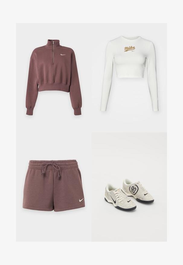 Sweat-shirt court mauve à manches longues, poignets côtelés, col avec fermeture éclair quart de zip, et logo Nike swoosh blanc sur la poitrine.; Crop top blanc à manches longues en tissu lisse, avec un imprimé doré du logo Nike sur la poitrine et un col rond classique.; Shorts Nike marron avec taille élastique et cordon de serrage, arborant un petit logo Nike blanc sur la jambe gauche.; Baskets Nike avec une tige texturée beige et grise, des accents noirs, un grand logo "90" et un laçage blanc. Semelle noire.