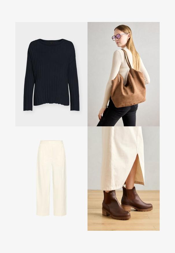 Pull côtelé bleu marine à manches longues avec col rond et coupe décontractée, présenté sur un fond clair uni.; Pantalon crème taille haute, ajusté, aux jambes droites avec un pli subtil à l'avant.; Bottes brunes à la cheville avec un talon épais, en cuir lisse avec des panneaux latéraux élastiques et une semelle en caoutchouc texturé, associées à une jupe beige.; Sac fourre-tout en daim marron avec une texture douce, grande ouverture et longues sangles. Présente un design simple avec des coutures visibles et sans matériel.